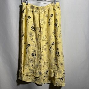 Vintage Yellow Linen Blend Floral Skirt Ruffle Hem Cottagecore USA Whimsigoth M‎